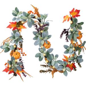 Valery Madelyn Fall Leaves Garlands for Mantle, 6ft Silk Lambs Ear Pumpkins Garland with Lights Maple Thanksgiving Table Centerpiece, Outdoor Fall Halloween Decorations for Autumn Home fireplace Decor