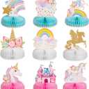 Outus 9 Pieces Unicorn Rainbow Honeycomb Centerpiece for Table Decorations Shiny Topper Birthday Party Supplies