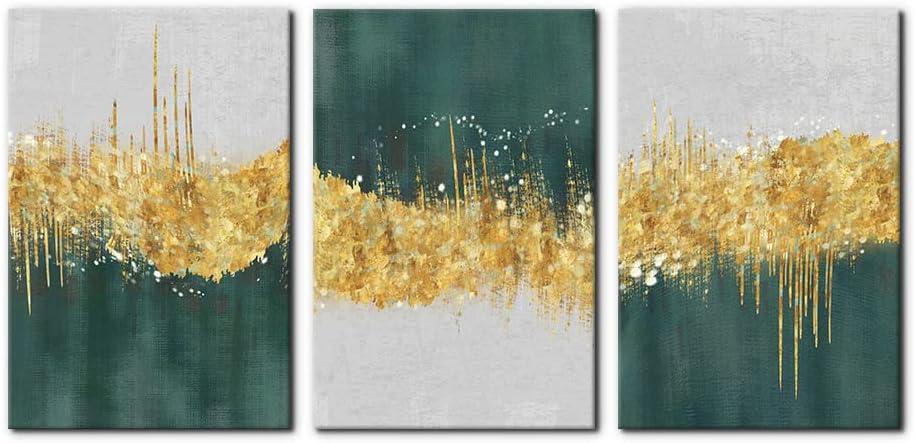Pacimo Canvas Art Wall Decor Geometric Gold Green Pictures Strokes Abstract Shapes Illustrations Painting Prints on Canvas 3 Pieces Modern Artwork Stretched and Framed Ready to Hang - 16"x24"x3 Panels