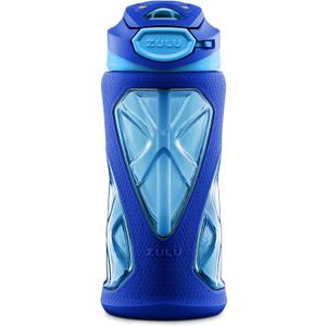 ZULU Torque 16oz Plastic Kids Water Bottle with Silicone Sleeve and Leak-Proof Locking Flip Lid, Soft Touch Carry Loop for School Backpack, Lunchbox, BPA-Free Dishwasher Safe, Mojo Blue
