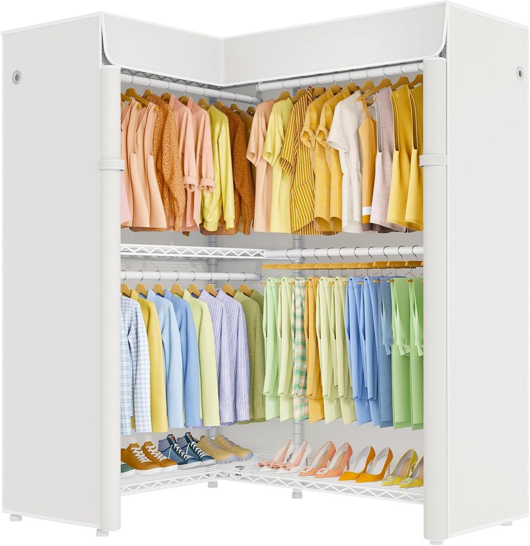 ULIFHOME E15C Garment Rack L Shaped Clothes Rack for Corner，Freestanding Clothing Racks for Hanging Clothes，Heavy Duty Closet Organizer 43.4"W x 15.8"D x 78.4"H，White Rack with White Dustproof Cover