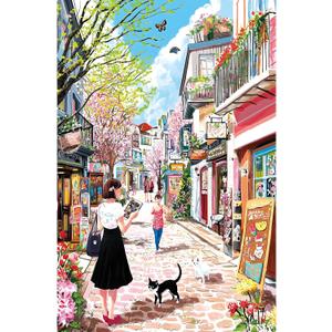 500 Pieces Cherry Blossom Puzzle, Pink Street Jigsaw Puzzle for Adults, Colorful Spring Scene Art Puzzle for Perfect Family Challenge Game Nights