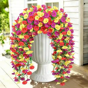 Artificial Hanging Flowers for Outdoors, 2 PCS 300 Blooms UV Resistant Morning Glory Faux Silk Vines, No-Odor Realistic Fake Plants for Garden Planter Porch Patio Decoration, Purple & Yellow & Red