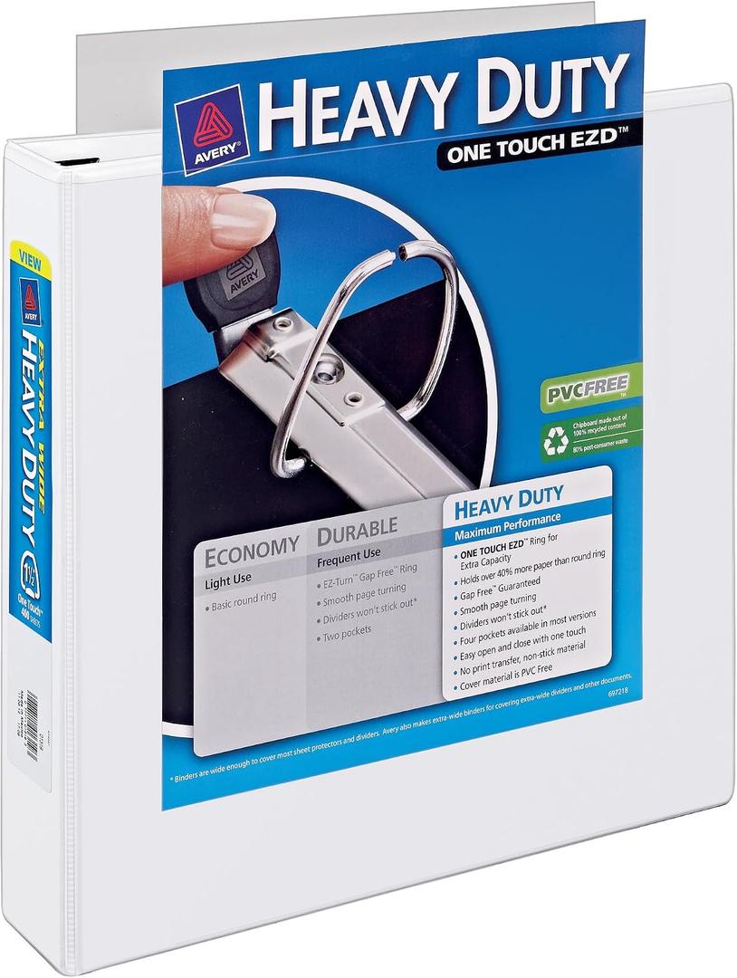 Avery Heavy-Duty View 3 Ring Binder, Extra Wide, 1.5" EZD Rings, 1 White Binder (01319)