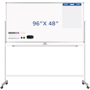 Lumspax Rolling White Board on Wheels, 96" x 48" Double-Side Magnetic Dry Erase Board with Stand, Aluminum Frame Extra Large Mobile Standing Whiteboard for Office, Classroom & Home