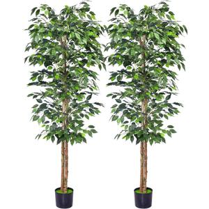 HAIHONG 2Packs 6FT Artificial Ficus Trees with Realistic Leaves and Natural Trunk, Faux Ficus Tree with Sturdy Plastic Nursery Pot, Fake Ficus Tree for Office Home Farmhouse for Indoor Outdoor Decor