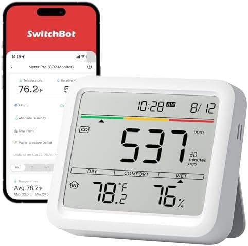 SwitchBot CO2 Detector, Air Quality Monitor Indoor, CO2 Monitor for CO2/TEMP/Humidity, Portable Carbon Dioxide Detector for Home/Car/Office/Greenhouse