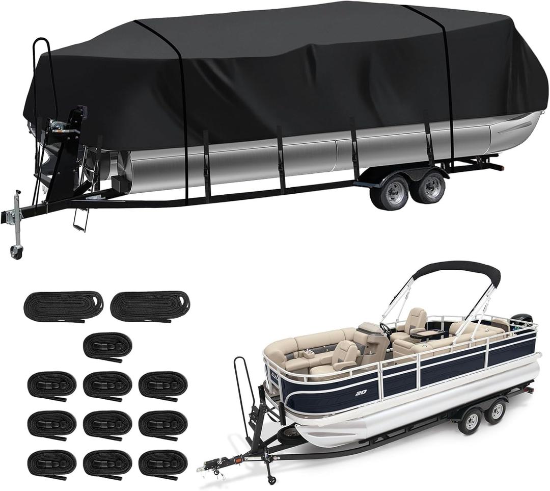 Heavy Duty Trailerable Pontoon Boat Cover (L), 20'2''-22' Marine Grade Waterproof Cover with Adjustable Windproof Tightening Strap & Anti-UV for SunTracker Party Barge/SPORTFISH/Fishin Barge