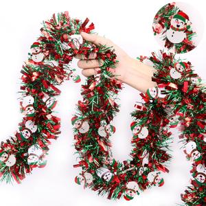 Christmas Garland Xmas Decorations 33 FT Red Green Christmas Tinsel Garland with Snowman Ornaments, Metallic Christmas Tree Garland Indoor Outdoor for Home Mantle Xmas Party Holiday Decor Gifts