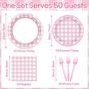 200 PCS Pink Checkered Tableware Disposable Pink And White Checkered Party Supplies Dinnerware Set Plaid Plates Outdoor Supplies Girls Barbecue Picnic Birthday Party Decoration Serve 50 guest