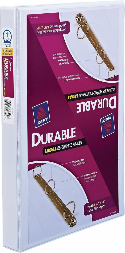 Legal Durable View Binder with Round Rings, 3 Rings, 1" Capacity, 14 x 8.5, White