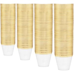 WDF 200 Pack Gold Plastic Cups - 9 Oz Elegant Clear Plastic Cups Gold Rimmed - Fancy Disposable Party Cup Wedding Cup Drinking Tumblers Cocktail Glasses for Thanksgiving