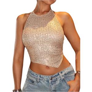 Women's Sparkly Sequin Asymmetrical Halter Tops Glitter Backless Nightclub Party Going Out Crop Top (XX-Small Petite, Gold)