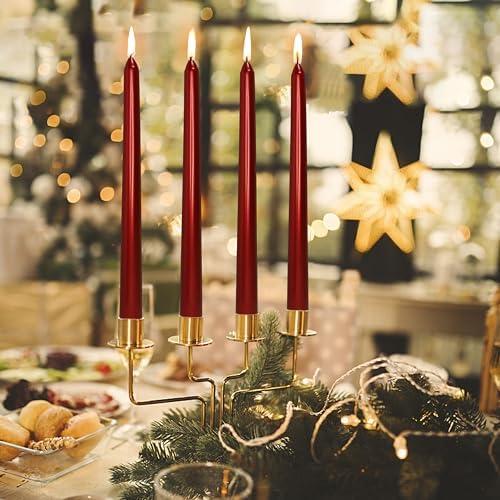 Christmas Red Taper Candles - 10 inch Metallic Tapered Candles Set of Only2- Unscented and Smokeless Slow Burning Candle Sticks Ideal for Christmas Holiday Wedding Party Home Decoration