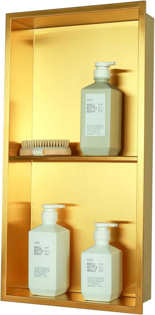 IKITRAEE Non Tile Tube Niche Boxes for Showers,Bathroom Niche Double Shelves,Stainless Steel(Gold, 24 * 12 in)