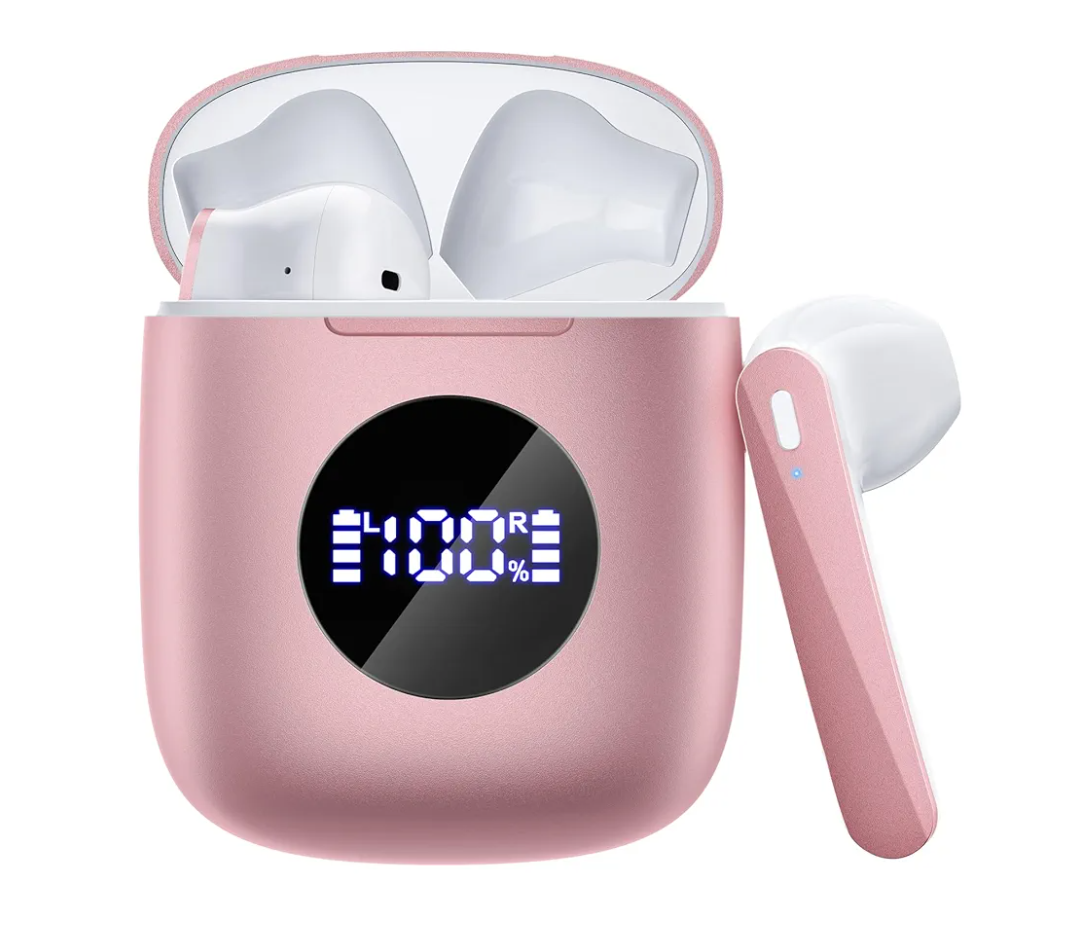 Bluetooth Headphones V5.3 Wireless Earbuds Ear buds w/ 50Hrs Battery Life Deep Bass Earphones w/ Wireless Charging Case & LED Power Display Waterproof Microphone Headset TV Tablet Phone Pink