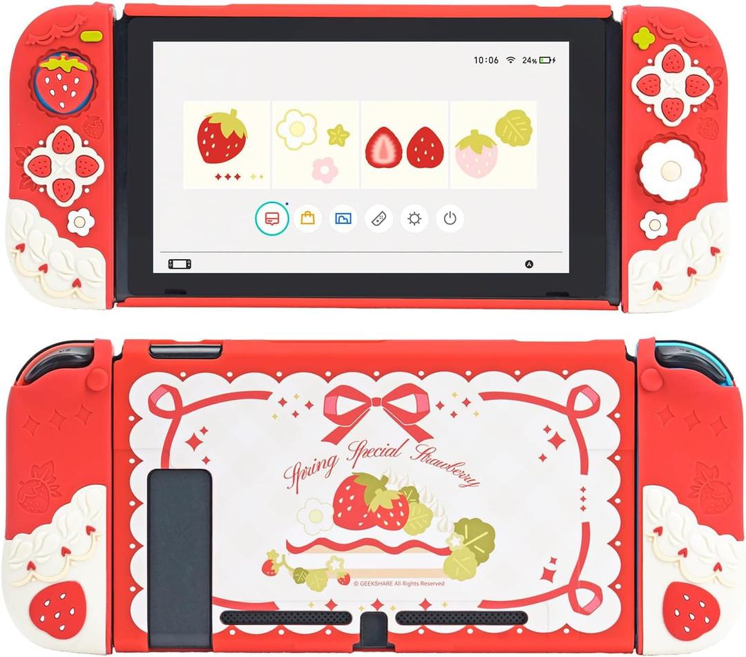 GeekShare Protective Case for Switch Slim Cover Case Compatible with Switch Separable Soft Silicone Protective Shell for Joysticks with 2 Thumb Grip Caps- Strawberries with Cream (Red)