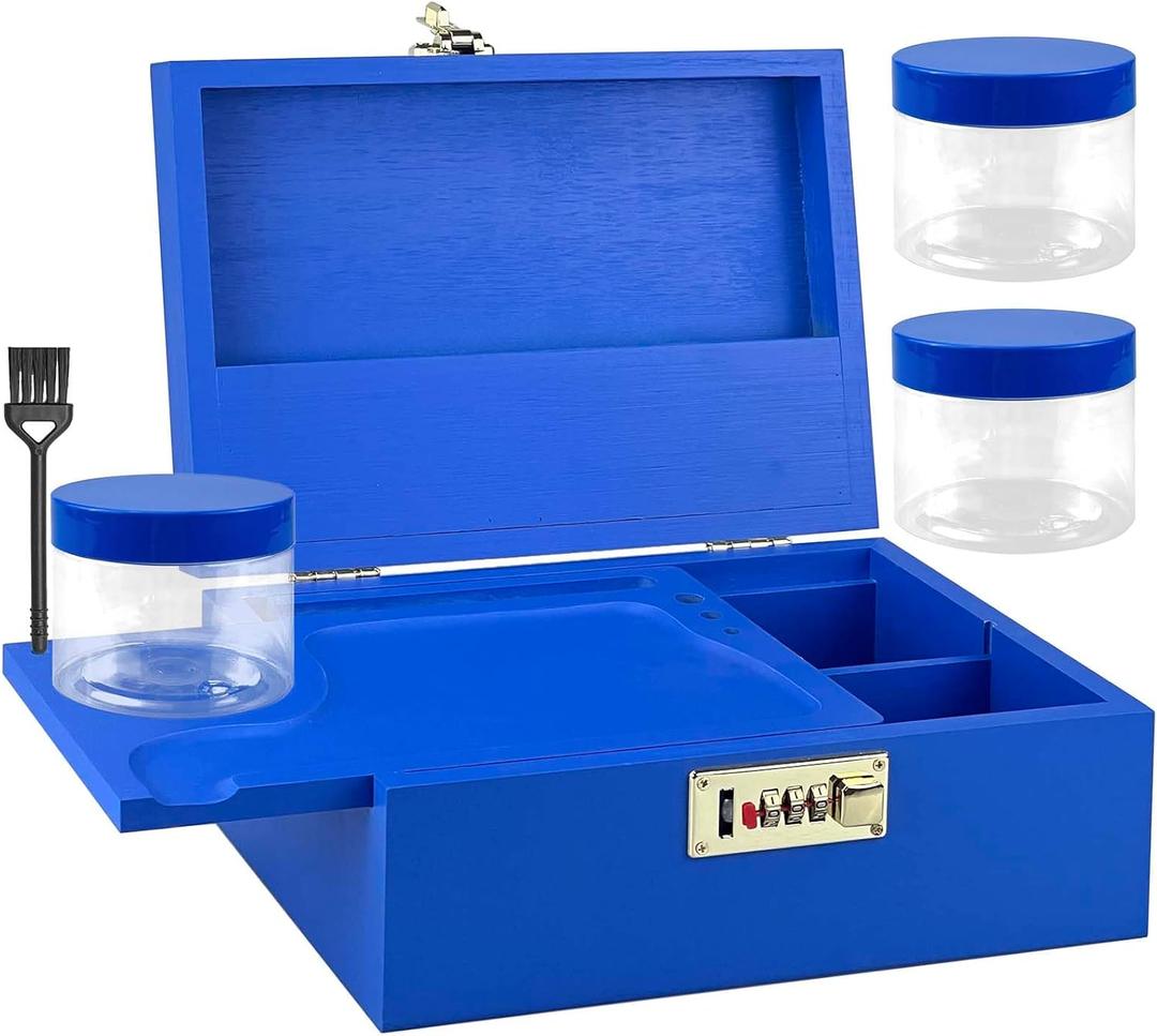 DEHVEN Large Bamboo Box Decorative, Brush, 3 Jar, Storage Box with LockBlue