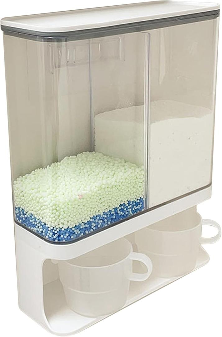 Laundry Detergent Dispenser, 3000ml 2 Grid Waterproof Dustproof Clear Booster Beads Dispenser, Wall Mounted Laundry Powder Container with 2 Cups Suitable for Beads, Stain Remover Powder