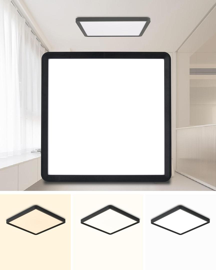 Square Led Flush Mount Ceiling Light,16 Inch 40w 3820lm led Light 3000k,4000k,6000k CCT Selectable,Flat Panel Super Slim Led Ceiling Light Fixture,for Living Dining Kitchen Bedroom Room (1Pack-Black)
