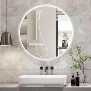 BuLife 32 Inch Round LED Bathroom Mirror Backlit Anti-Fog Wall Mounted Lighted Bathroom Vanity Mirror 3 Colors Light Dimmable Smart Makeup Mirror with Touch Switch