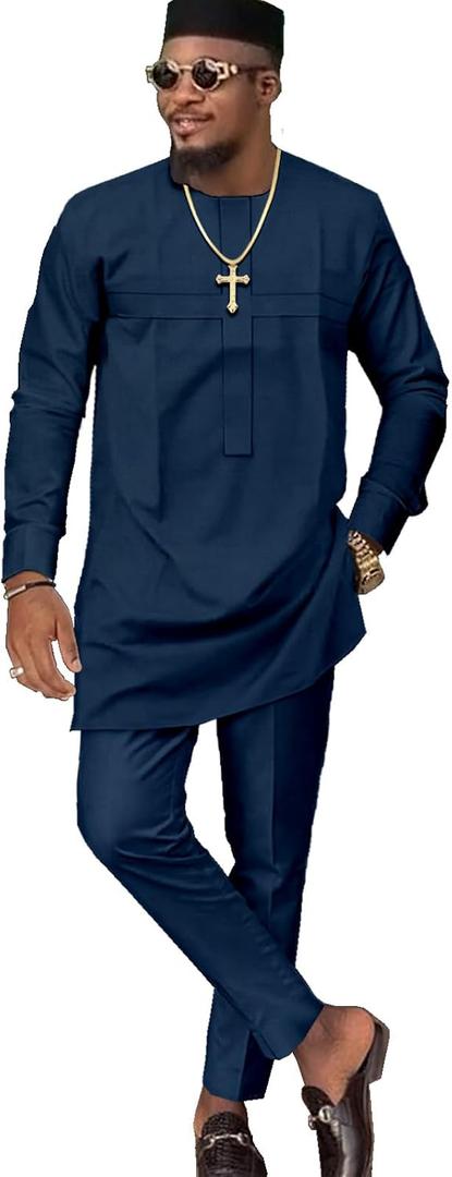 African Church Suits for Men Dashiki Shirt Pant Two Piece Outfits Casual Attire Nigerian Clothes (Blue, M)