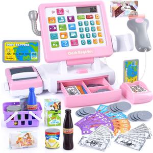 PLAY Kids Cash Register Toy - Pretend Play Calculator Register Toys with Microphone/Conveyors/Play Money/Scanner/Credit Card/Cans/Drink, 3+ Toddler Develops Early Math Skills Learning Toys (Pink)