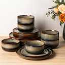 TheTerra Ceramic Dinnerware Sets for 6, 18 Pieces Handmade Reactive Glaze Plates and Bowls Set, Scratch Resistant Dish Set, Oven & Microwave & Dishwasher Safe, Coca Mocha