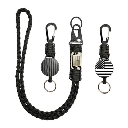 Heavy Duty Retractable Keychain - USA Flag Braided Paracord Lanyard, ID Badge Clip Reel, Necklace Keychains for Travel Work