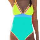 popvil One Piece Swimsuit 2025 Tummy Control Women Bathing Suit Shapewear Swimsuits Slimming Neon Cute Tie Back Swimwear (Medium, Colorblock5)