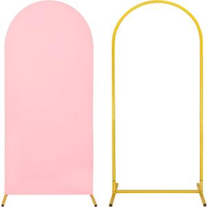 Metal Arch Stand and Cover Set,1 Pink Spandex Fitted Backdrop with 1 Gold Wedding Arched Stand Frame for Parties Birthday Baby Shower Bridal Banquet Decoration (6FT)