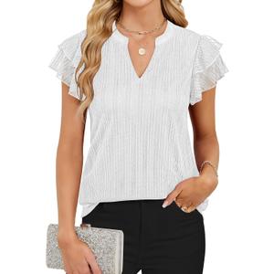Women's Summer Puff Short Sleeve V Neck Dressy Blouses Shirts Double Layers Casual Loose Fit Mesh Flowy Tunic Tops (White, XXL)