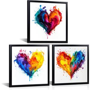 Kalormore Modern 3-Piece Colorful Heart Pictures Abstract Canvas Wall Art Set, Vibrant Splash Painting on Black Framed Decor for Living Room, Bedroom, Office Easy to Hang 12"x12"x3pcs (Framed)