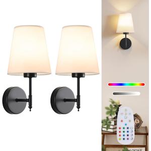 Battery Operated Wall Sconce Set of 2, Rechargeable Wall Lights with 5200mAh Dimmable Bulbs and Remote,15 RGB Colors Wireless Wall Lamps with Fabric for Bedroom Living Room Hallway Decor (Black)