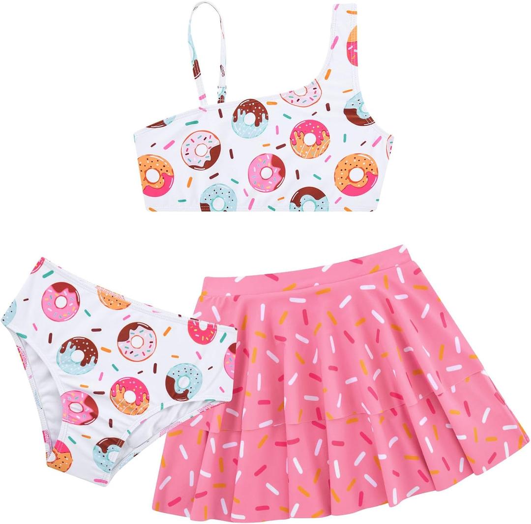 RAISEVERN Girls Swimsuit 3 Piece Bathing Suits Cute Quick Dry Bikini Tankini Sets with Cover Ups Beach Skirt, Size: 7-8 Years
