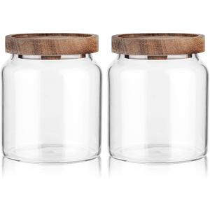 Labina Glass Storage Container Airtight Food Jars Kitchen Canister with Wood Lids, 20 Oz Wide Mouth Pantry Organization Glass Jar for Flour, Sugar, Cookie, Spagetti, Nuts and Candy (2 Pack)