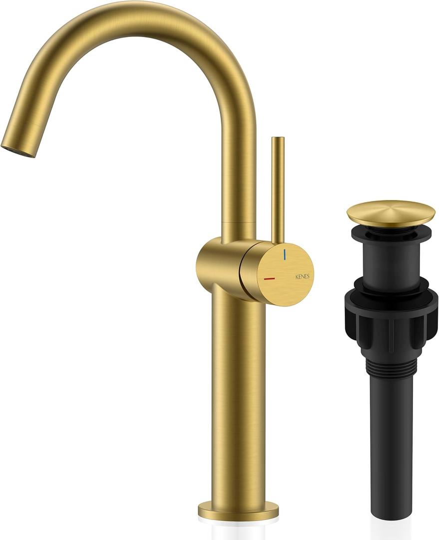 KENES Brushed Gold Tall Bathroom Faucet, Single Handle Vessel Sink Faucet Single Hole, Modern Bathroom Vanity Faucet with Pop Up Drain and Supply Lines, KE-9005C-4