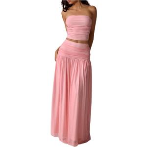 Milumia Women's 2 Piece Outfit Ruched Bandeau Crop Top and Pleated Mesh Long Skirt Set L