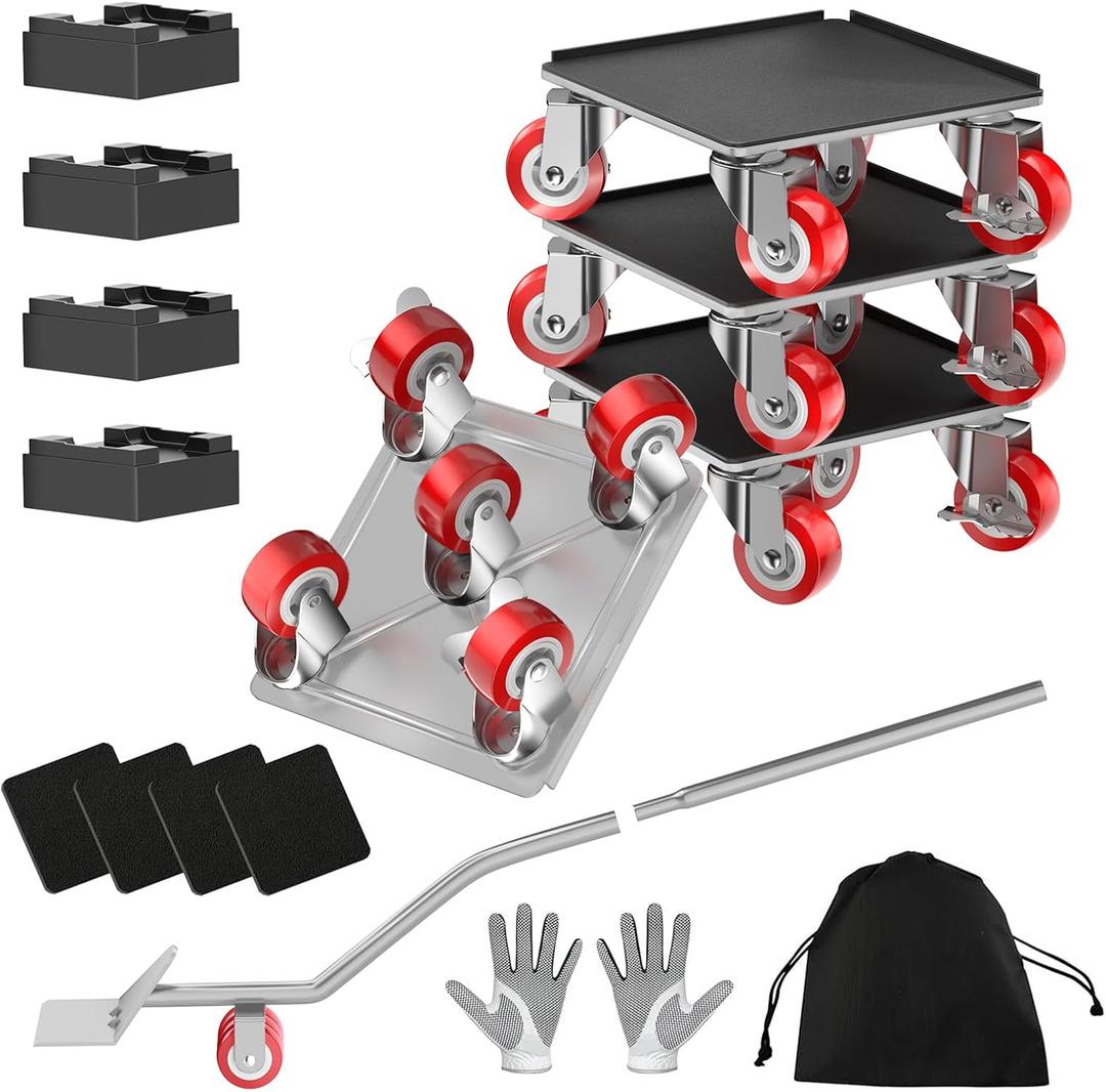 LOYAL TIGER 2000LBS Heavy Duty Furniture Dolly Movers Set with Lifter, 5-Wheel Carbon Steel Moving Rollers with Locking Casters for Refrigerator, Washer, Sofa & Cabinet(6.4 Inch, Silvery)