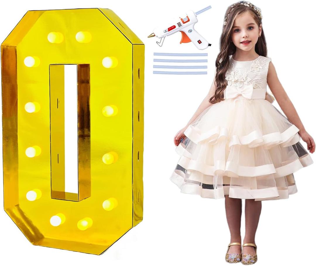 LANGXUN 40inch Gold Large Led Light Up Numbers for 1st 21st Birthday Decor, With Hot Glue Gun and Bracket, Marquee light up Numbers Party Wedding Decor Graduation Baby Shower Photo Background Decoration (Number 0)