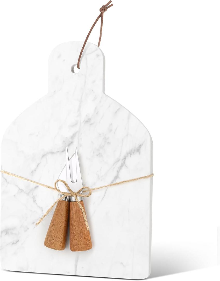 Patelai Marble Cutting Board Set of 3, White Cheese Board Charcuterie Chopping with Knife Fork 12 x 8 x 0.5 in Stone Serving Tray Slab with Handle for Kitchen Pastry Meat Fruit Housewarming Gift