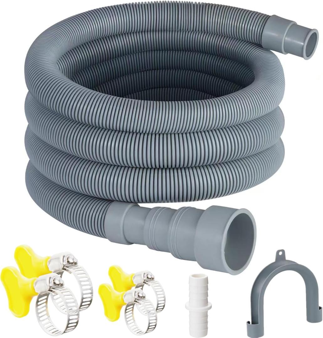 Washing Machine Drain Hose, 6 Feet Universal Dishwasher Drain Hose Extension Kit Corrugated Washer Hoses, 7 PCS Set with 4 Clamps & 1 U-Bend Hose Holder