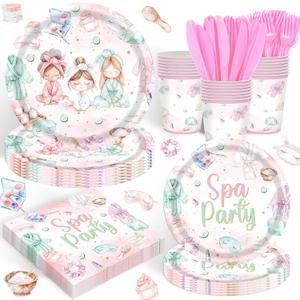 120PCS Spa Party Supplies Pink Makeup Themed Birthday Party Decorations for Girls Child Kids Slumber Sleepover Pajama Tableware Set Plates Napkins Cups Forks Knives for 20 Guests