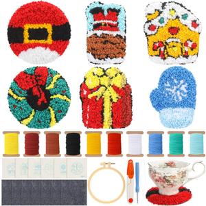 Mindsoft 6 Pcs Christmas Punch Needle Kits for Adults Beginners Punch Needle Coaster Xmas Embroidery Kit with 6 Patterns Yarn Tools Felt Embroidery Hoop Instruction for DIY Christmas Craft Night Ideas