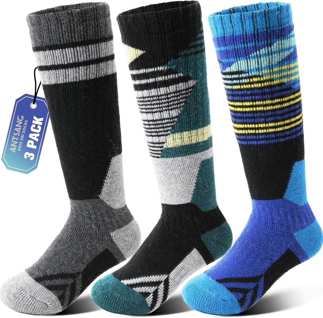 ANTSANG Kids Merino Wool Ski Socks 3 Pairs Boys Girls Thermal Warm Thick Winter Cushioning Socks for Snowboarding Skiing (8-12 Years, Blue/Green/Black)