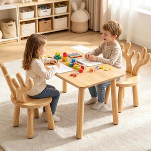 Wooden Toddler Table and Chair(2) Set for Kid, Activity Table Furniture 3-8, Rectangle Table with Antler Chairs