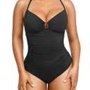 SHAPELLX Womens Swimsuits Tummy Control Bathing Suit Slimming One Piece U-Ring Shapewear Swimwear with Ruched Waist (Black,Large)