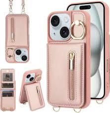 Jcxtrombulous Crossbody Wallet Case for iPhone 15 Pro with Lanyard Strap Card Slot Holder RFID Blocking Ring Kickstand,Magnetic Flip Folio Zipper Purse Case, PU Leather Cover Handbag,Beige