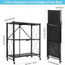 Foldable Storage Shelves with Wheels, Folding Shelving Units Storage, Heavy Duty Metal Collapsible Shelf No Assembly, Large Capacity Pop-Up Organizer for Garage,Kitchen,Living Room, 3-Tier Black