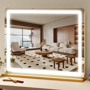 FENNIO 23" x 18" Vanity Mirror with LightsLED Makeup MirrorHollywood Mirror with 3 Color Modes & Adjustable BrightnessVanity Mirror Gold